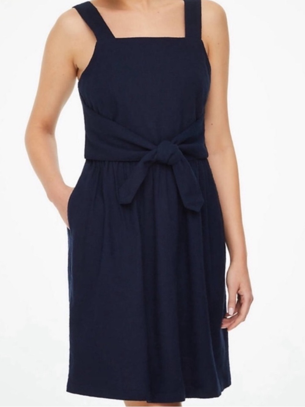 LOFT SIZE 2 Women's Navy Tie-Waist Square Neck Sleeveless Dress 100% cotton
